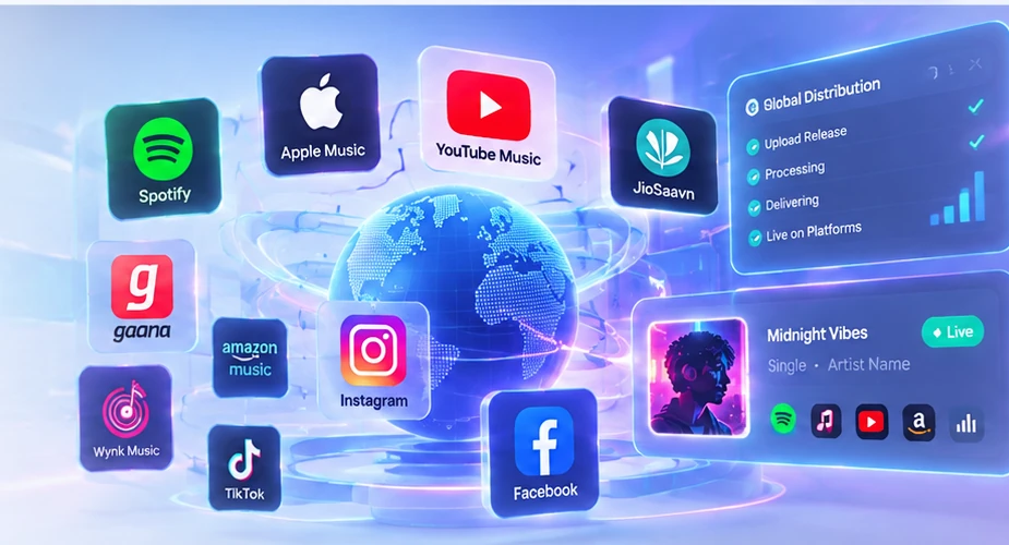 Digital music platforms connected through a global distribution network