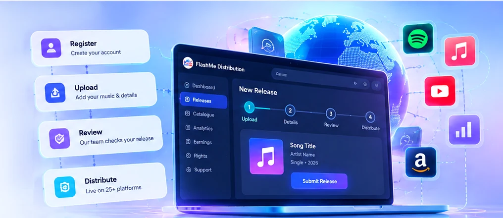 FlashMe release workflow dashboard with music platform destinations