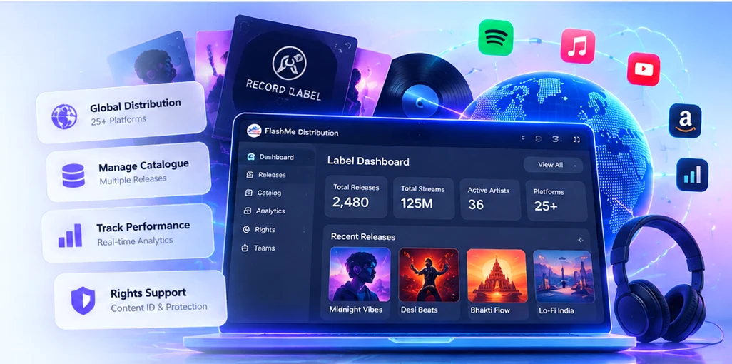 FlashMe record label dashboard, catalogue management and global music distribution ecosystem